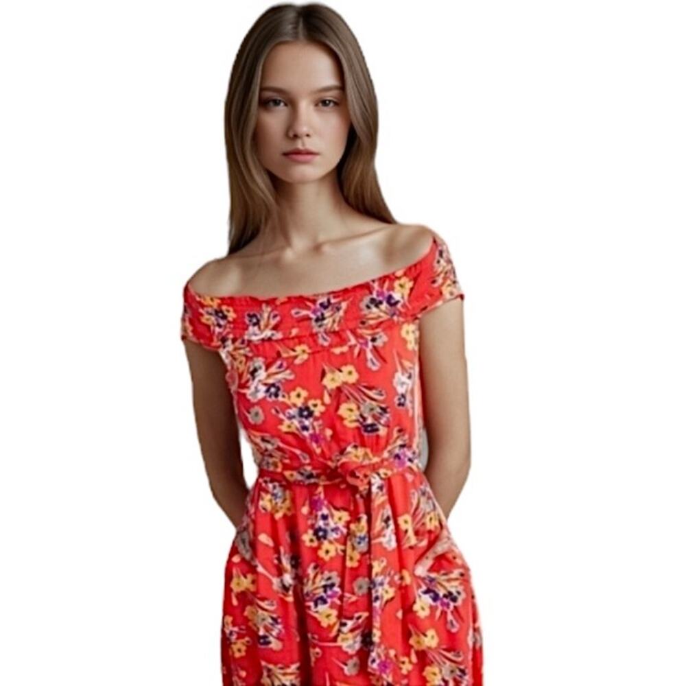 Anthropologie Red Floral Midi dress summer belted sundress conversations size 2 - Picture 10 of 10
